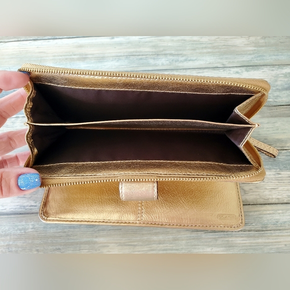 COACH Signature Stripe Full Zip Wallet Khaki/Gold Metallic F42628 - Picture 8 of 12